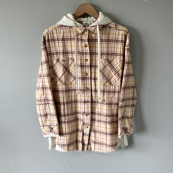 BKE Boyfriend Plaid Hooded Button Down Flannel Sweatshirt/Tunic Women's Small - Picture 2 of 13